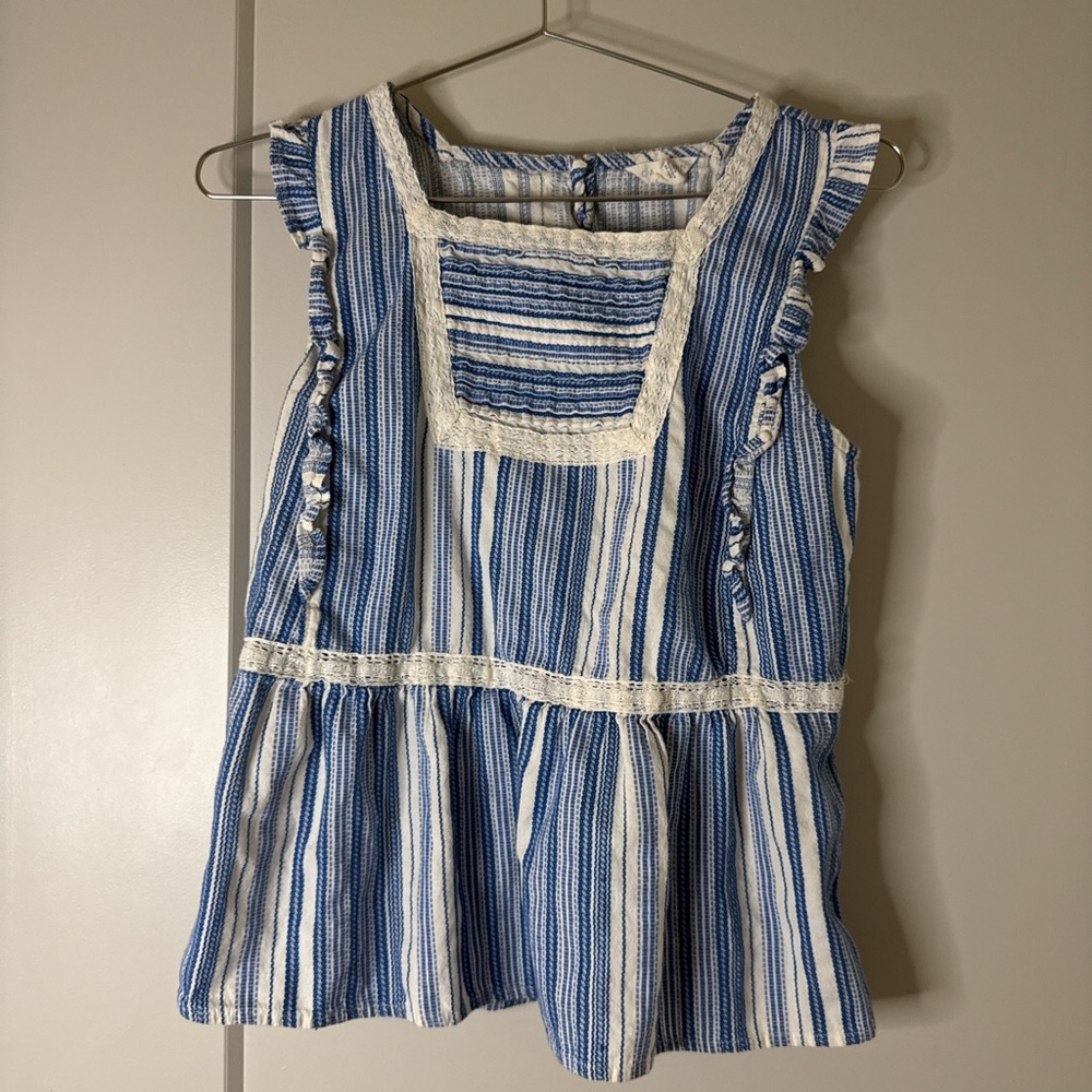 Caslon Blue and White Striped Ruffle Camisole